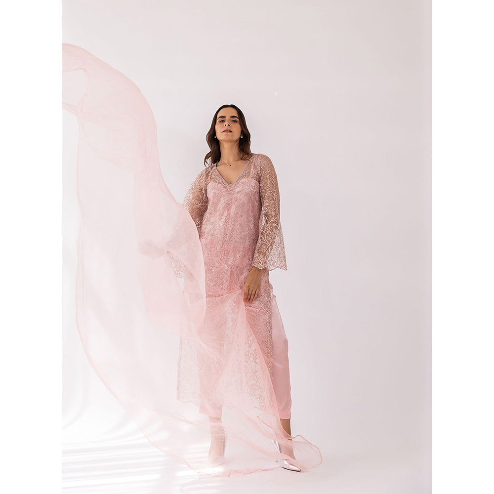 SHAAKHA Peach Embroidered Sequined Full Sleeves V-Neck Kurta With Pant & Dupatta (Set of 3)