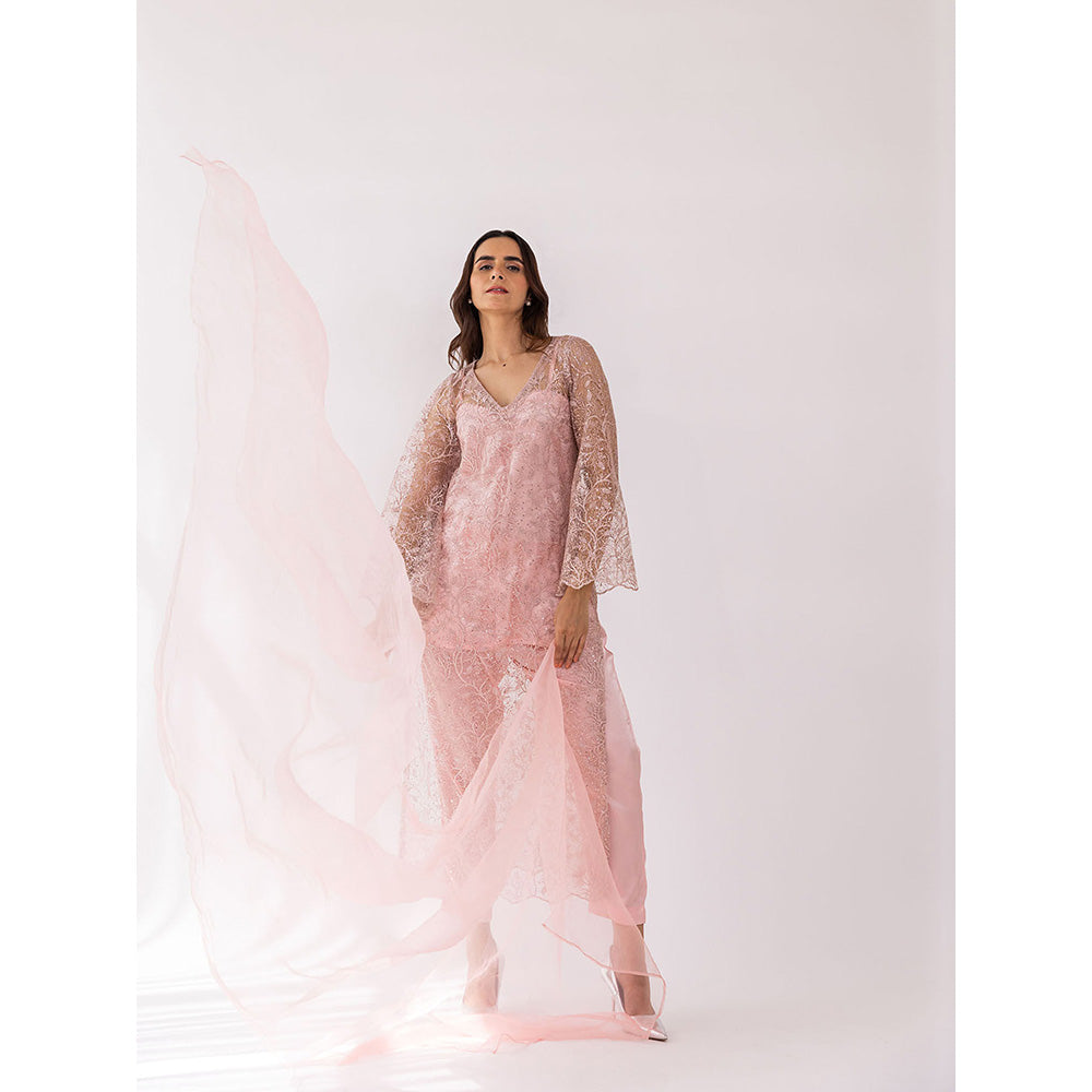 SHAAKHA Peach Embroidered Sequined Full Sleeves V-Neck Kurta With Pant & Dupatta (Set of 3)