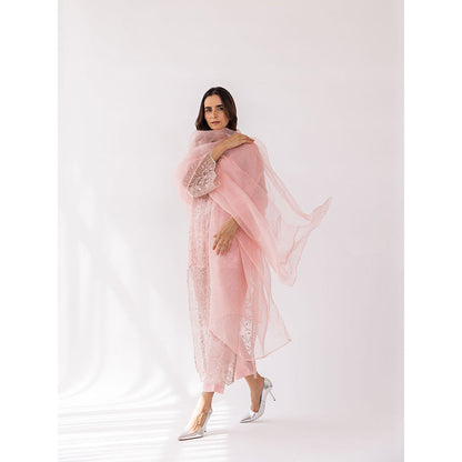 SHAAKHA Peach Embroidered Sequined Full Sleeves V-Neck Kurta With Pant & Dupatta (Set of 3)