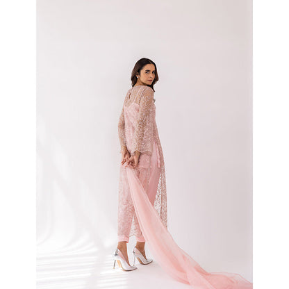 SHAAKHA Peach Embroidered Sequined Full Sleeves V-Neck Kurta With Pant & Dupatta (Set of 3)