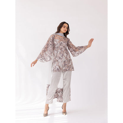 SHAAKHA Silver Sequined Full Sleeves Round Neck Kurta With Pant & Dupatta (Set of 3)