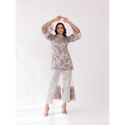 SHAAKHA Silver Sequined Full Sleeves Round Neck Kurta With Pant & Dupatta (Set of 3)