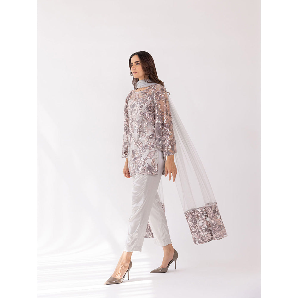 SHAAKHA Silver Sequined Full Sleeves Round Neck Kurta With Pant & Dupatta (Set of 3)