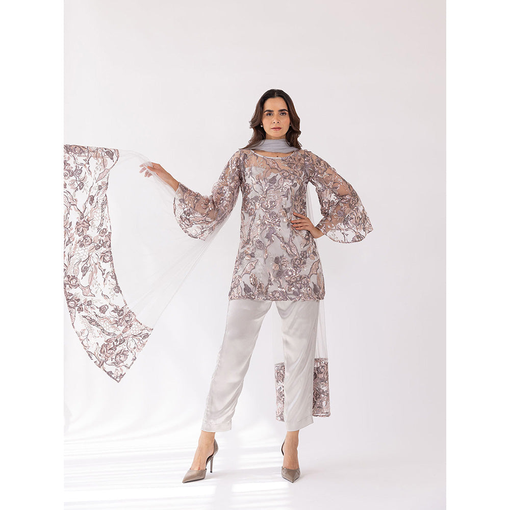 SHAAKHA Silver Sequined Full Sleeves Round Neck Kurta With Pant & Dupatta (Set of 3)