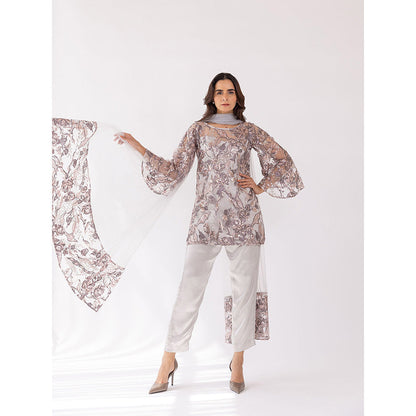 SHAAKHA Silver Sequined Full Sleeves Round Neck Kurta With Pant & Dupatta (Set of 3)