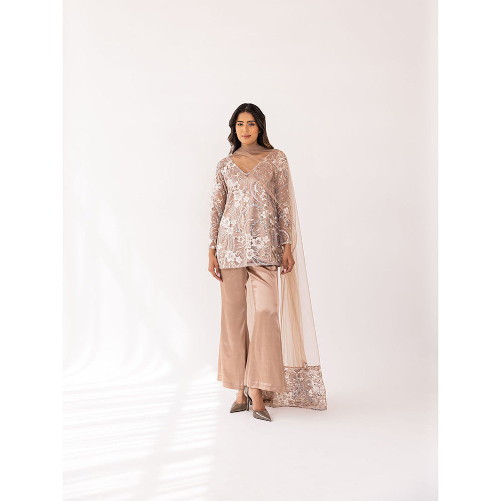 SHAAKHA Bronze Embroidered Sequined Full Sleeves V-Neck Kurta With Pant & Dupatta (Set of 3)