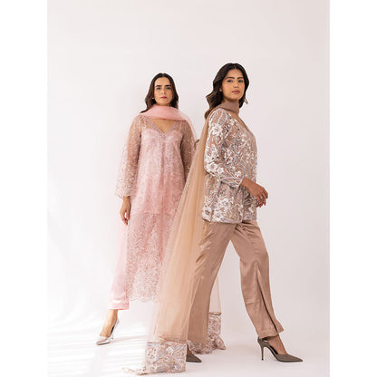 SHAAKHA Bronze Embroidered Sequined Full Sleeves V-Neck Kurta With Pant & Dupatta (Set of 3)