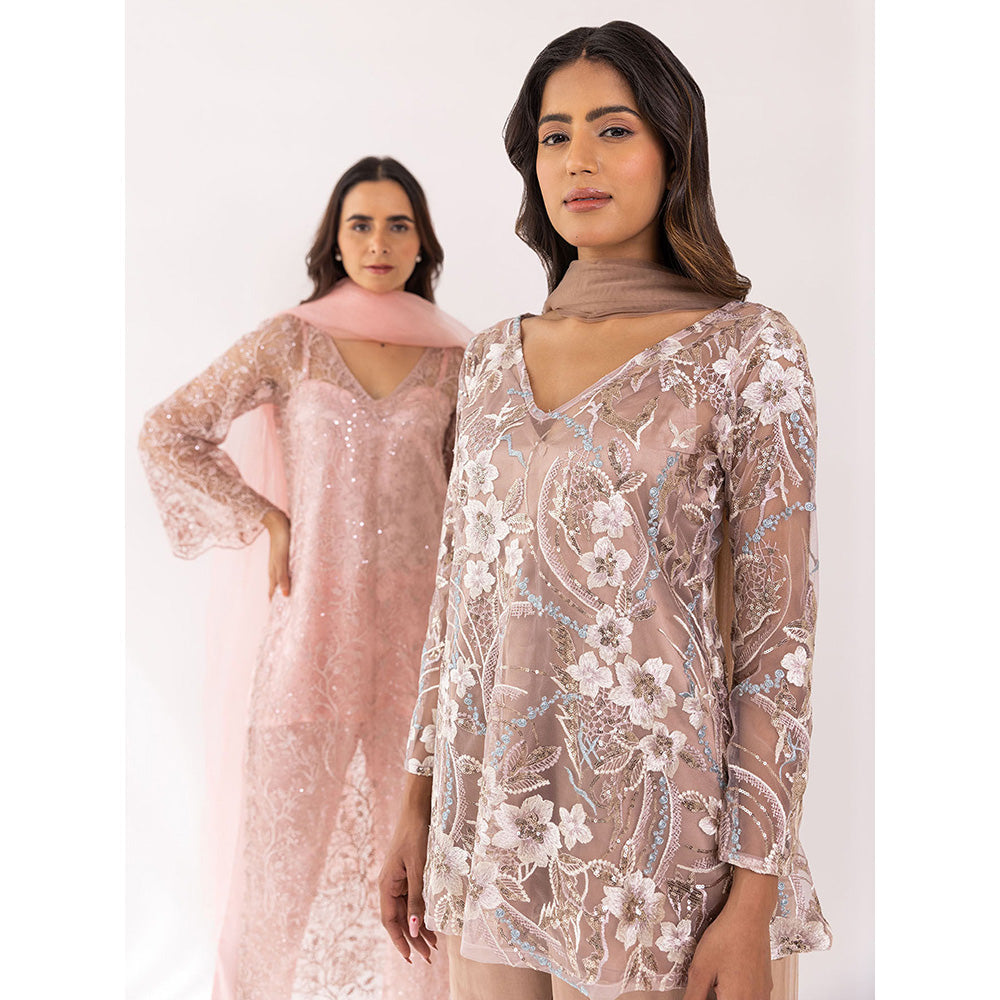 SHAAKHA Bronze Embroidered Sequined Full Sleeves V-Neck Kurta With Pant & Dupatta (Set of 3)