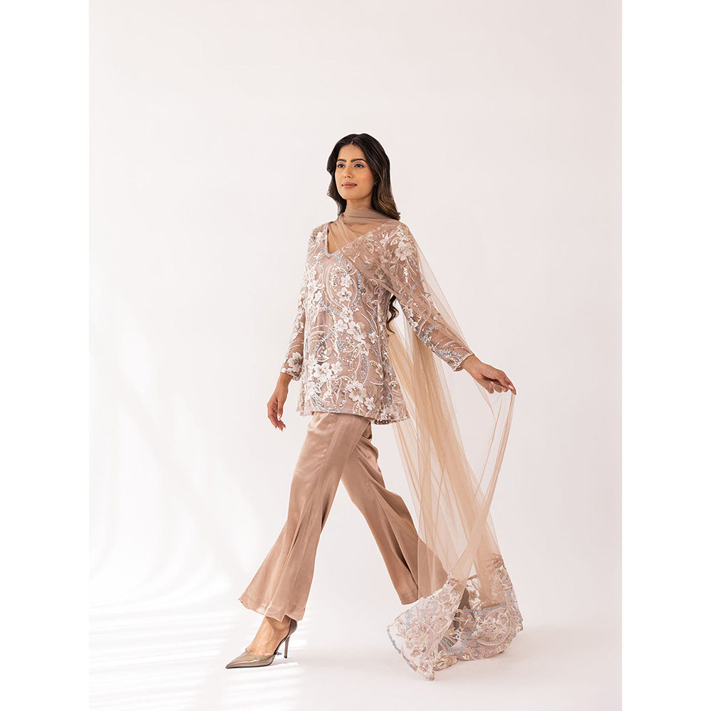 SHAAKHA Bronze Embroidered Sequined Full Sleeves V-Neck Kurta With Pant & Dupatta (Set of 3)