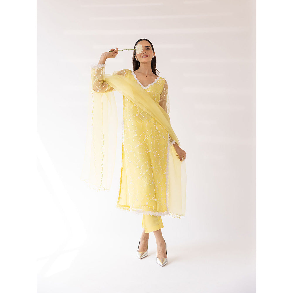 SHAAKHA Yellow Embroidered Lace Work Full Sleeves V-Neck Kurta With Pant & Dupatta (Set of 3)