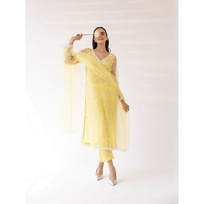 SHAAKHA Yellow Embroidered Lace Work Full Sleeves V-Neck Kurta With Pant & Dupatta (Set of 3)