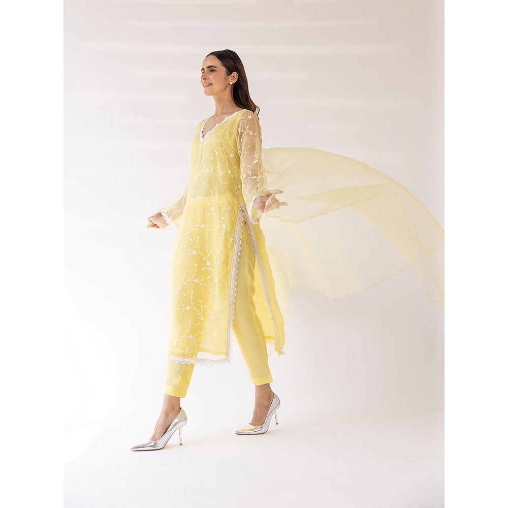 SHAAKHA Yellow Embroidered Lace Work Full Sleeves V-Neck Kurta With Pant & Dupatta (Set of 3)