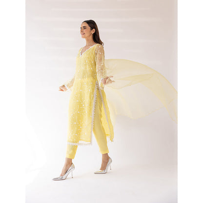 SHAAKHA Yellow Embroidered Lace Work Full Sleeves V-Neck Kurta With Pant & Dupatta (Set of 3)