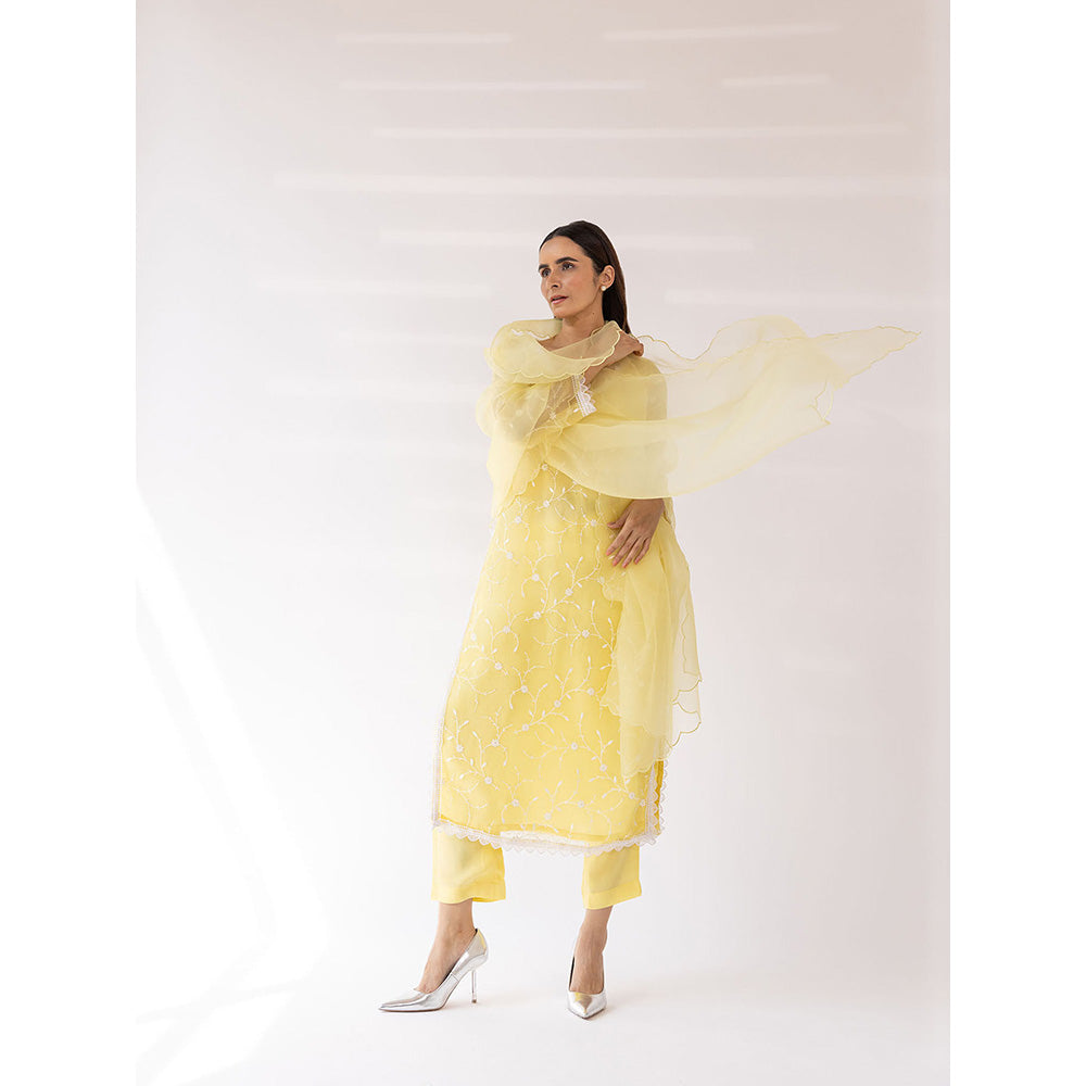 SHAAKHA Yellow Embroidered Lace Work Full Sleeves V-Neck Kurta With Pant & Dupatta (Set of 3)