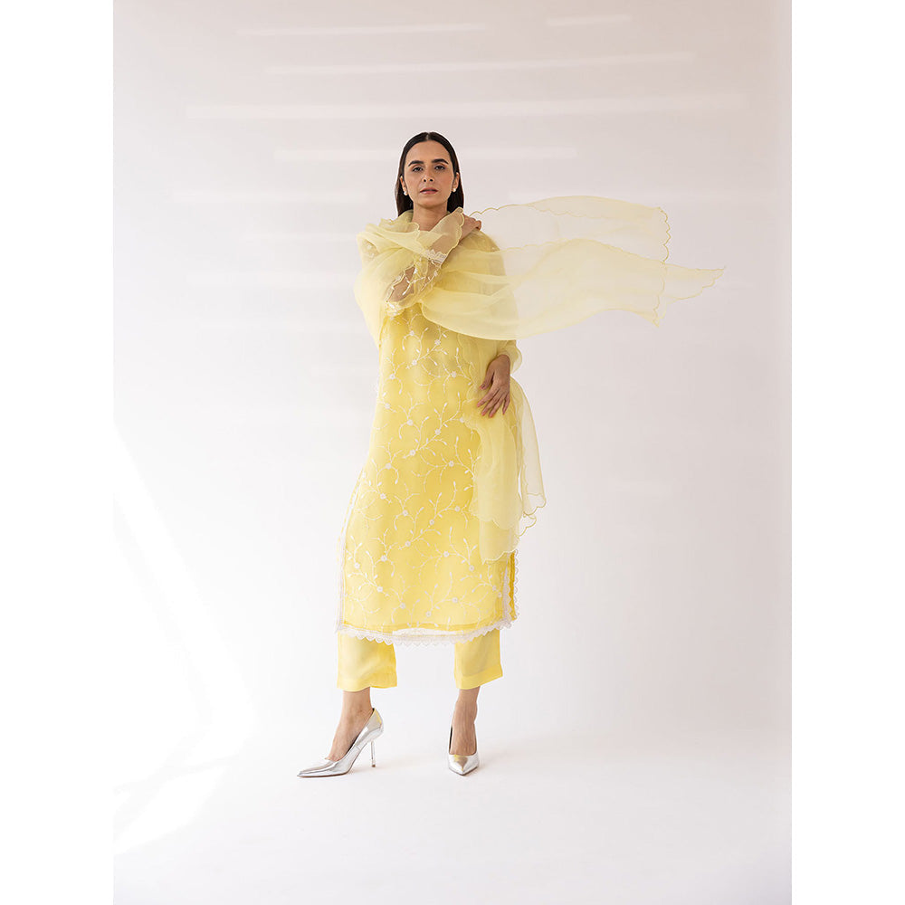 SHAAKHA Yellow Embroidered Lace Work Full Sleeves V-Neck Kurta With Pant & Dupatta (Set of 3)
