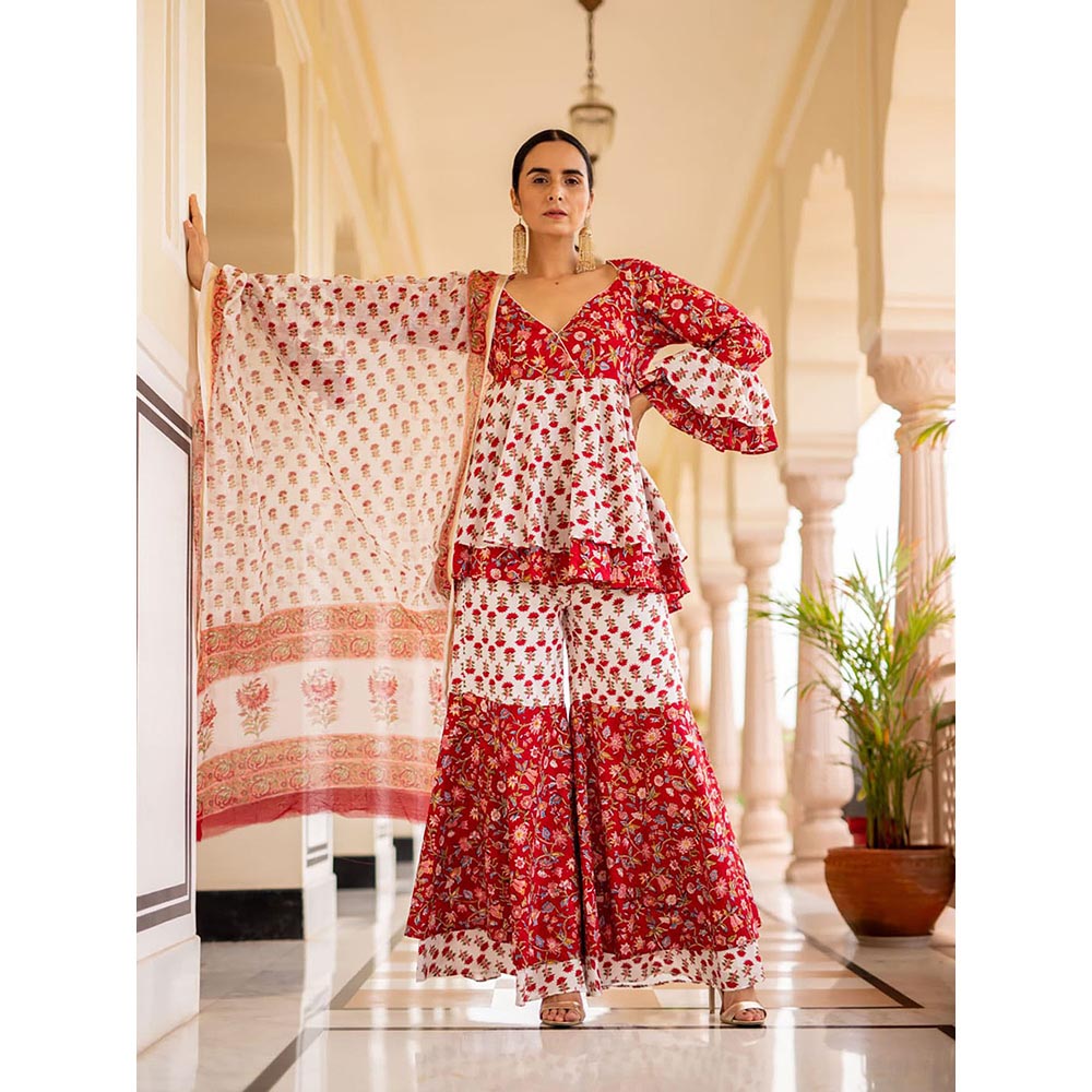 SHAAKHA Red Floral Printed Half Sleeves V-Neck Kurta With Sharara & Dupatta (Set of 3)