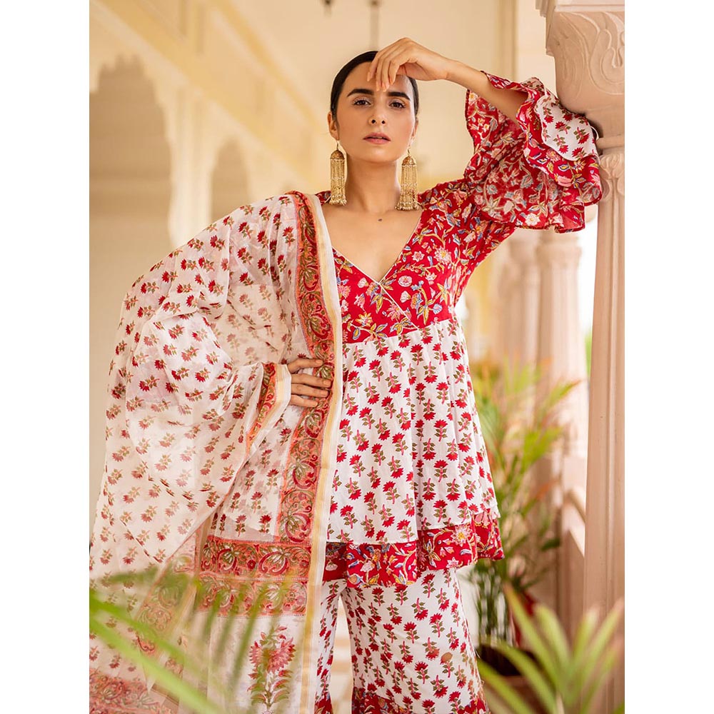 SHAAKHA Red Floral Printed Half Sleeves V-Neck Kurta With Sharara & Dupatta (Set of 3)