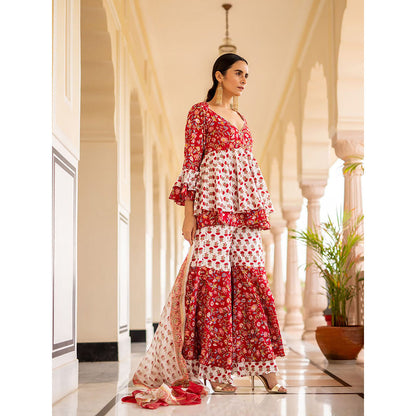 SHAAKHA Red Floral Printed Half Sleeves V-Neck Kurta With Sharara & Dupatta (Set of 3)