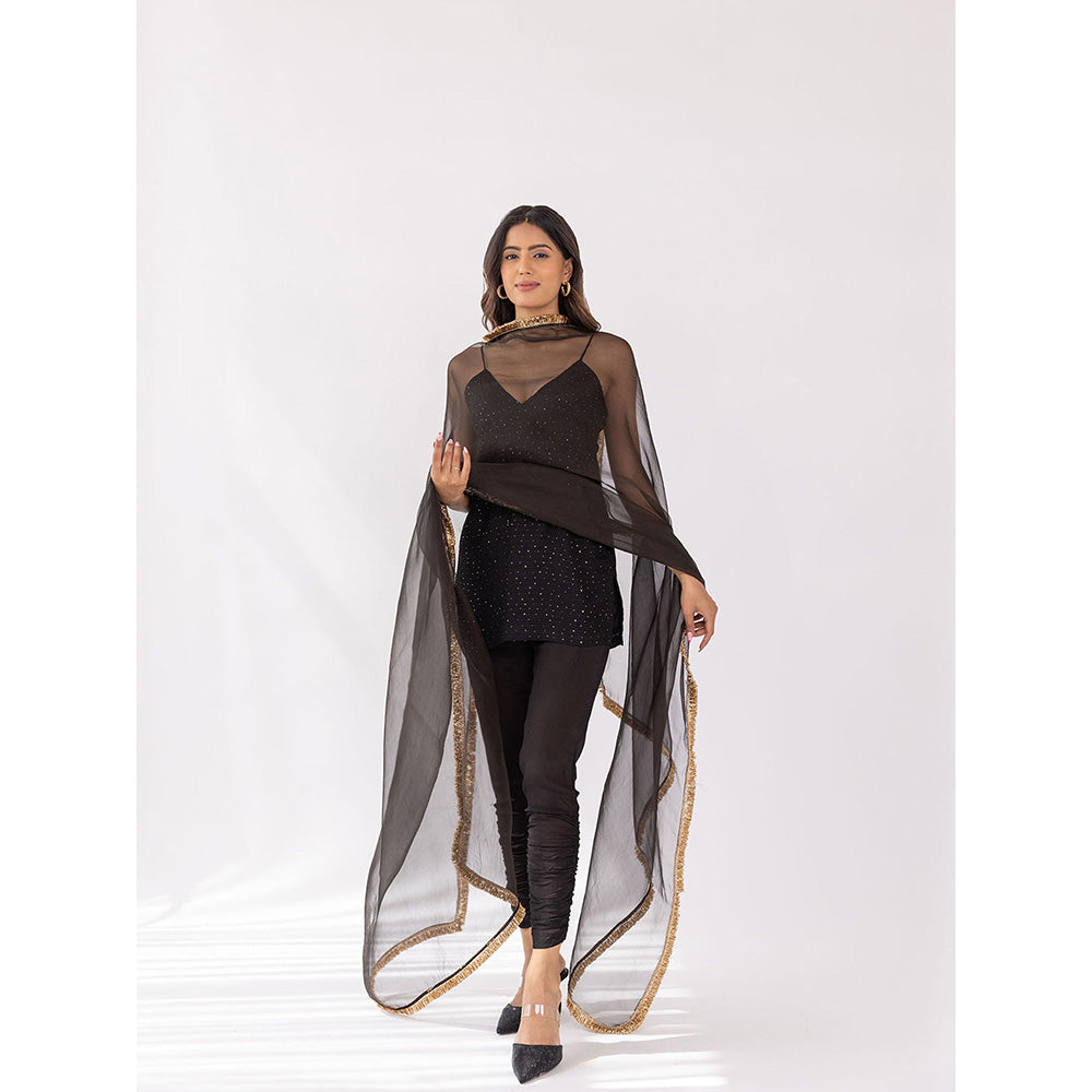 SHAAKHA Black Sequined Sleeveless Shoulder Straps Kurta With Churidar & Dupatta (Set of 3)