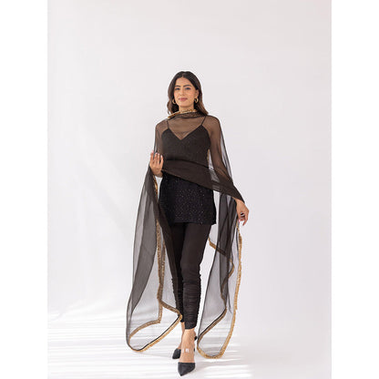 SHAAKHA Black Sequined Sleeveless Shoulder Straps Kurta With Churidar & Dupatta (Set of 3)