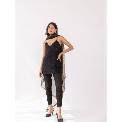SHAAKHA Black Sequined Sleeveless Shoulder Straps Kurta With Churidar & Dupatta (Set of 3)
