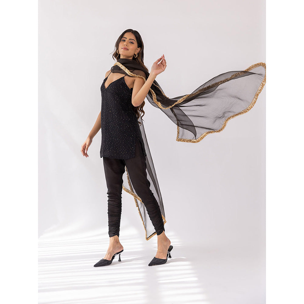 SHAAKHA Black Sequined Sleeveless Shoulder Straps Kurta With Churidar & Dupatta (Set of 3)