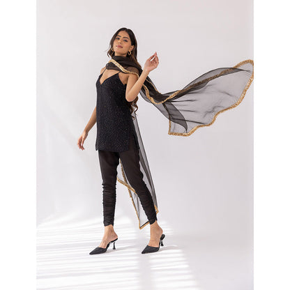 SHAAKHA Black Sequined Sleeveless Shoulder Straps Kurta With Churidar & Dupatta (Set of 3)