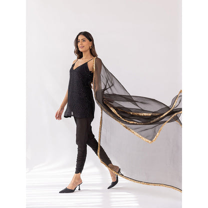 SHAAKHA Black Sequined Sleeveless Shoulder Straps Kurta With Churidar & Dupatta (Set of 3)