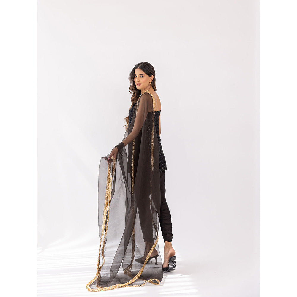 SHAAKHA Black Sequined Sleeveless Shoulder Straps Kurta With Churidar & Dupatta (Set of 3)