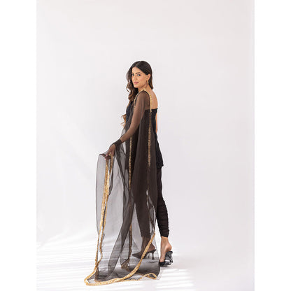 SHAAKHA Black Sequined Sleeveless Shoulder Straps Kurta With Churidar & Dupatta (Set of 3)