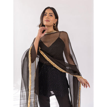 SHAAKHA Black Sequined Sleeveless Shoulder Straps Kurta With Churidar & Dupatta (Set of 3)