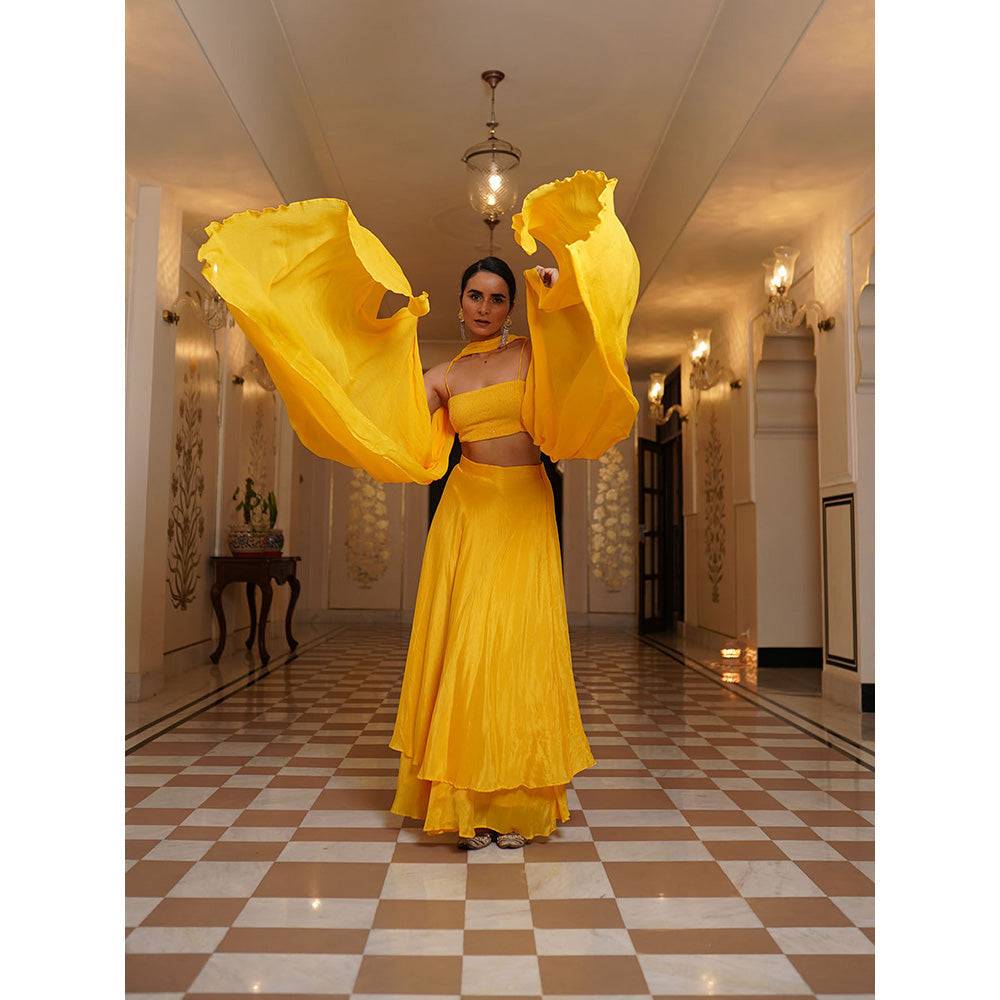 SHAAKHA Yellow Sequined Sleeveless Shoulder Straps Lehenga Choli With Dupatta (Set of 3)