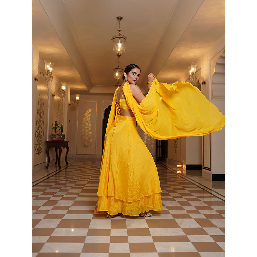 SHAAKHA Yellow Sequined Sleeveless Shoulder Straps Lehenga Choli With Dupatta (Set of 3)