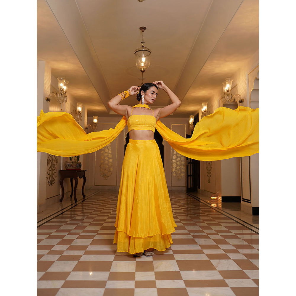SHAAKHA Yellow Sequined Sleeveless Shoulder Straps Lehenga Choli With Dupatta (Set of 3)