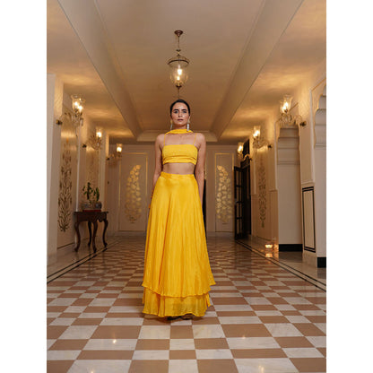 SHAAKHA Yellow Sequined Sleeveless Shoulder Straps Lehenga Choli With Dupatta (Set of 3)