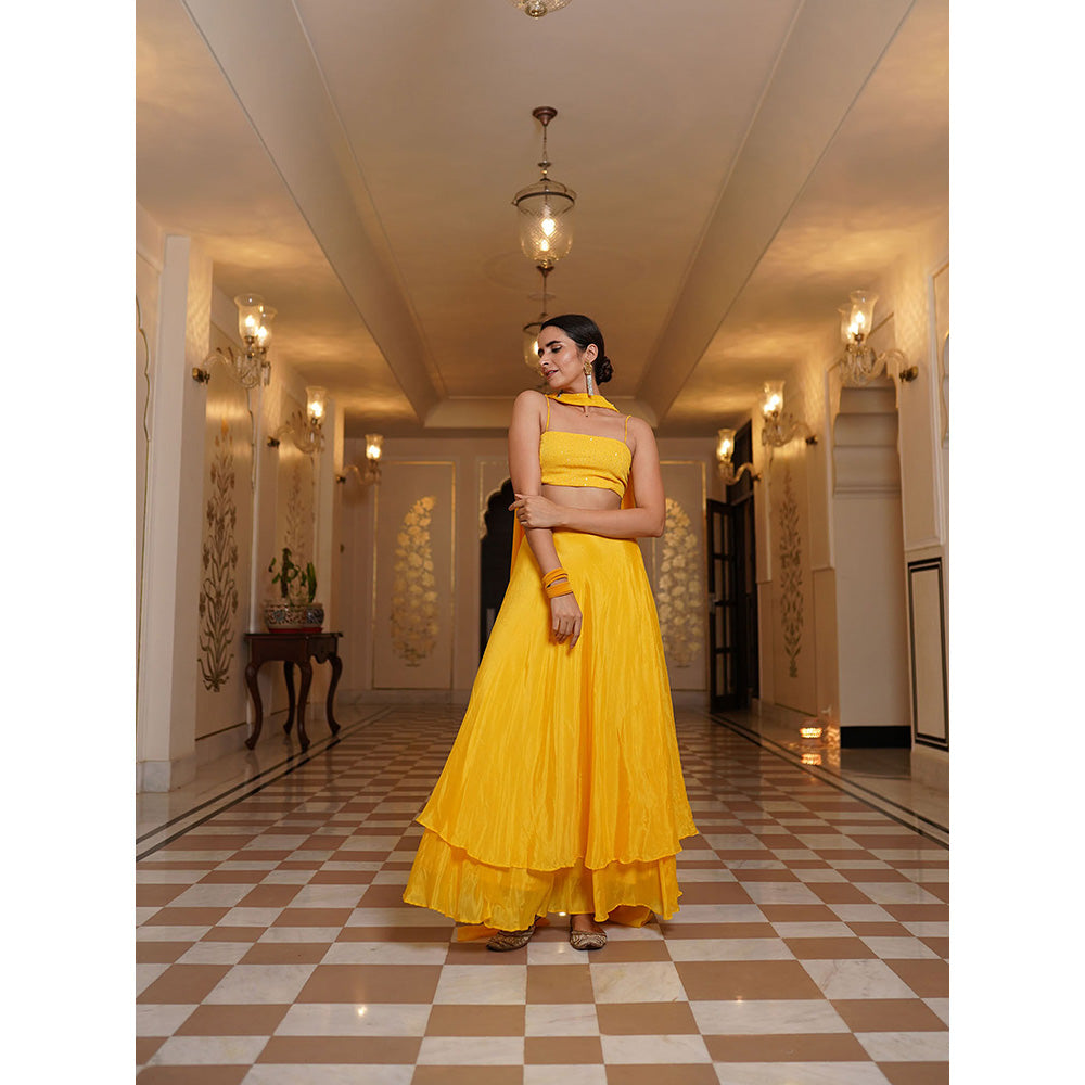 SHAAKHA Yellow Sequined Sleeveless Shoulder Straps Lehenga Choli With Dupatta (Set of 3)