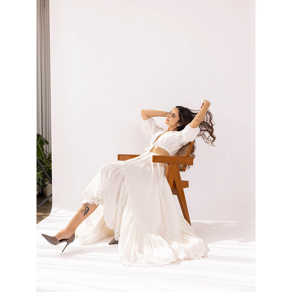 SHAAKHA White Kaeya Crop Top with Asymmetrical Skirt (Set of 2)