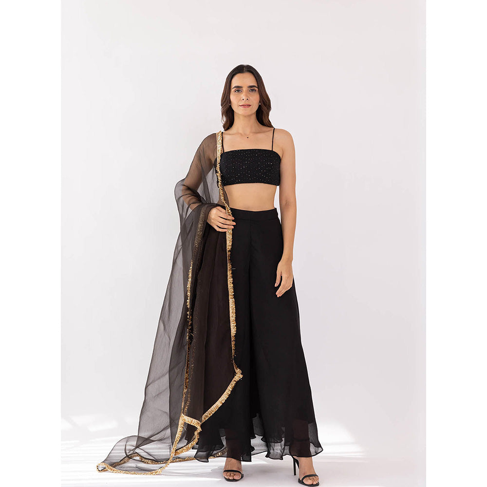 SHAAKHA Black Kali Bandeau and Palazzo with Dupatta (Set of 3)