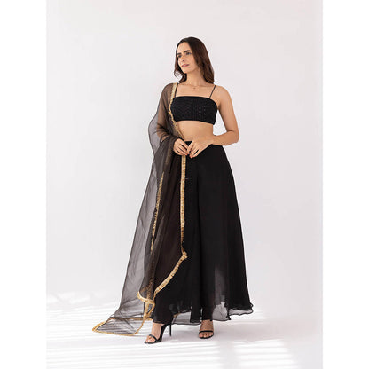 SHAAKHA Black Kali Bandeau and Palazzo with Dupatta (Set of 3)