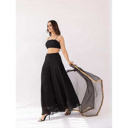 SHAAKHA Black Kali Bandeau and Palazzo with Dupatta (Set of 3)