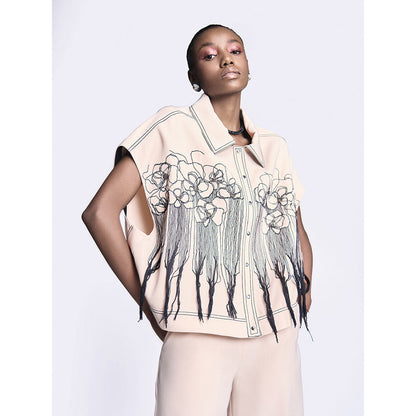 Shahin Mannan Abstract Roses Oversized Shirt Jacket With Flared Pant (Set of 2)