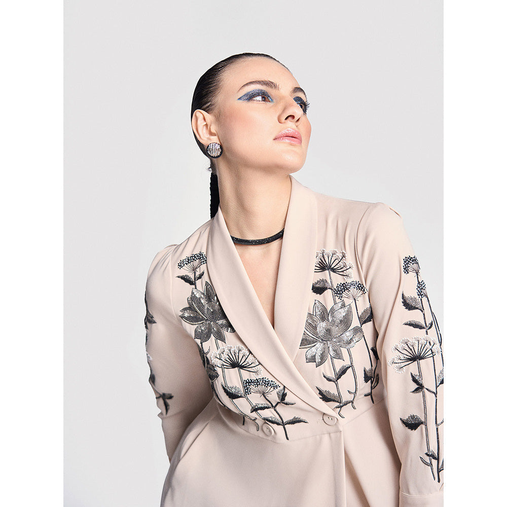 Shahin Mannan Metallic Lotus Wrap Beige Dress