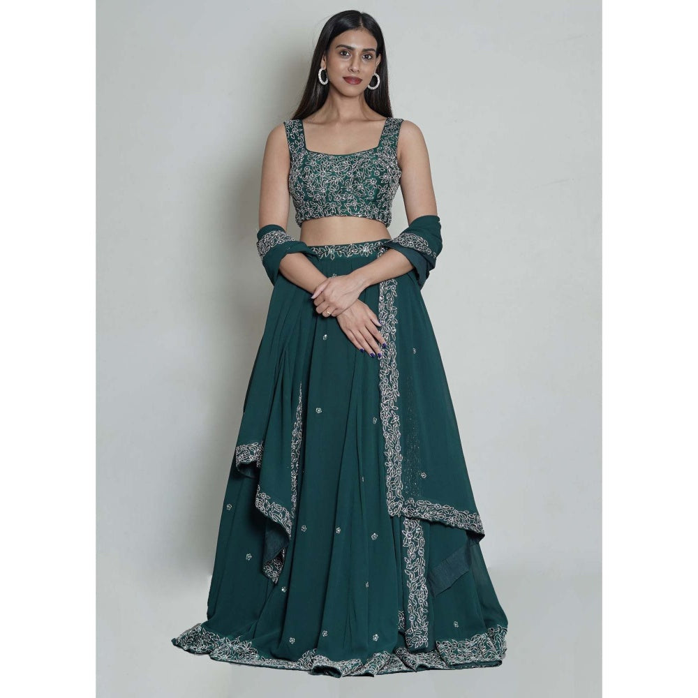 Shahmeen Husain Bottle Green Embellished Lehenga (Set of 3)