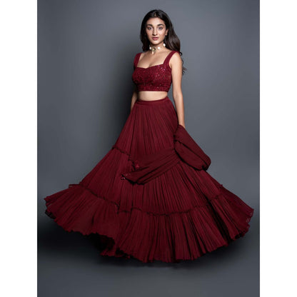 Shahmeen Husain Maroon Chikankari Pleated Lehenga (Set of 3)