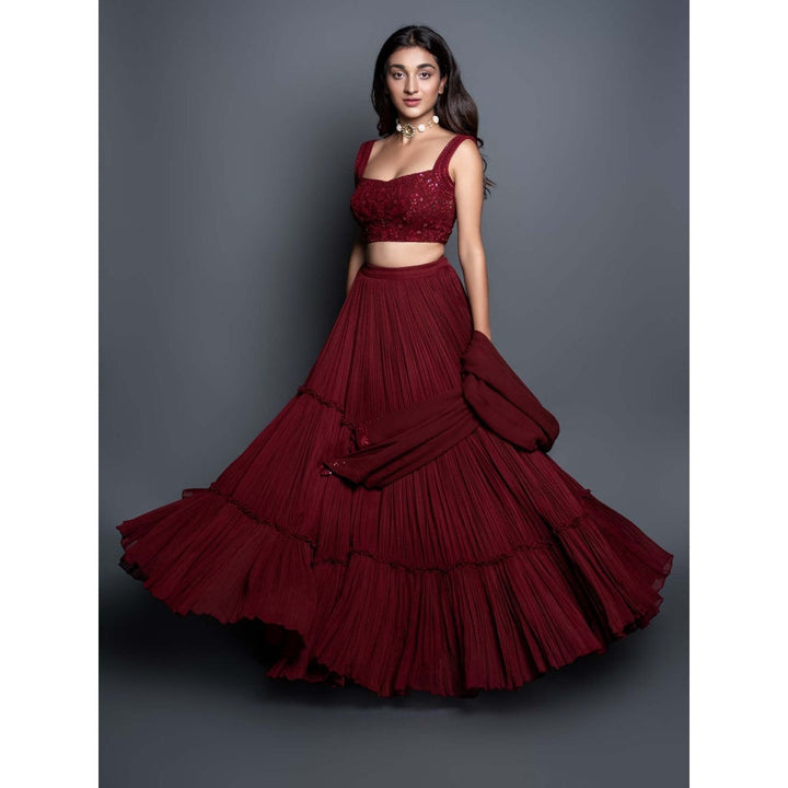 Shahmeen Husain Maroon Chikankari Pleated Lehenga (Set of 3)