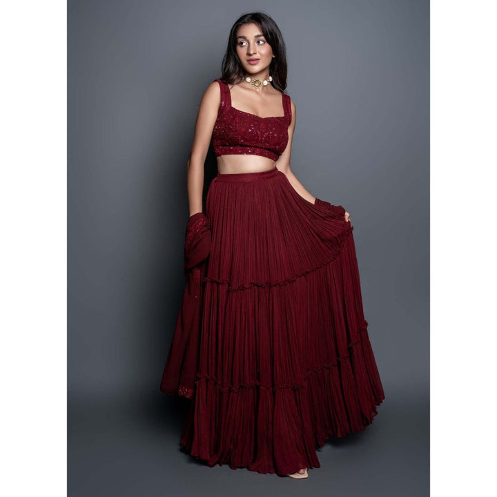 Shahmeen Husain Maroon Chikankari Pleated Lehenga (Set of 3)