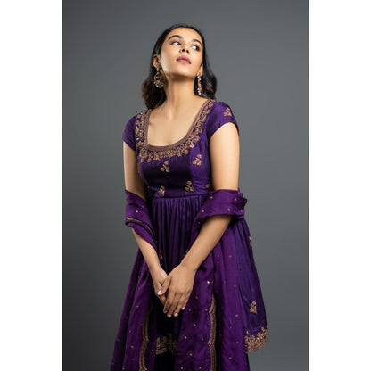 Shahmeen Husain Purple Embroidered Sharara (Set of 3)