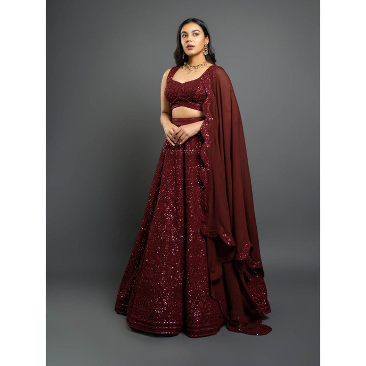 Shahmeen Husain Maroon Chikankari Lehenga (Set of 3)