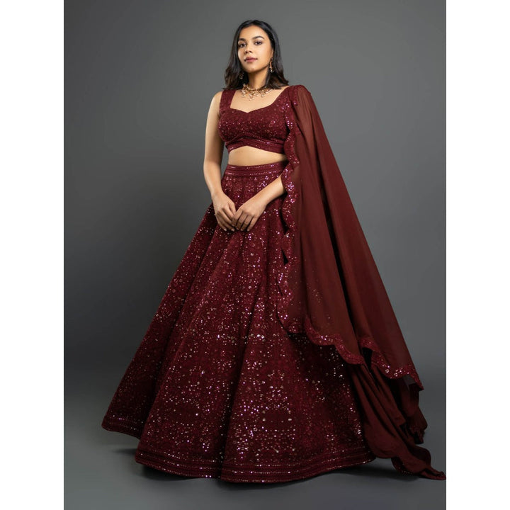 Shahmeen Husain Maroon Chikankari Lehenga (Set of 3)