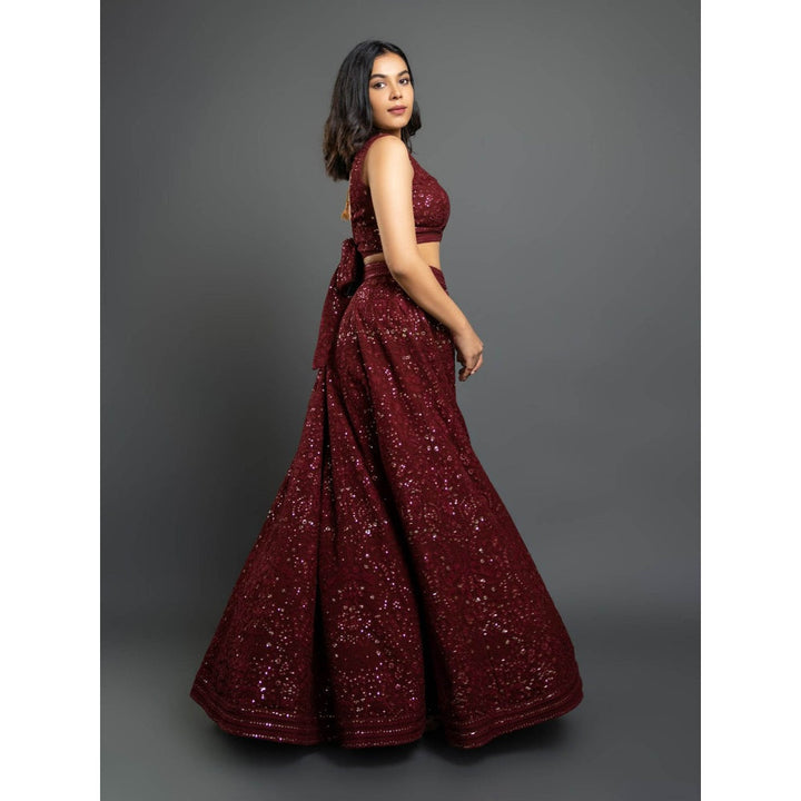 Shahmeen Husain Maroon Chikankari Lehenga (Set of 3)